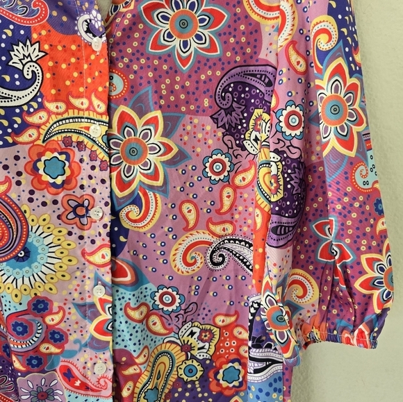 Shein Paisley Shirt Womens Sz M Mixed Print Button Up Blouse Colorful Bohomeim - Picture 10 of 13
